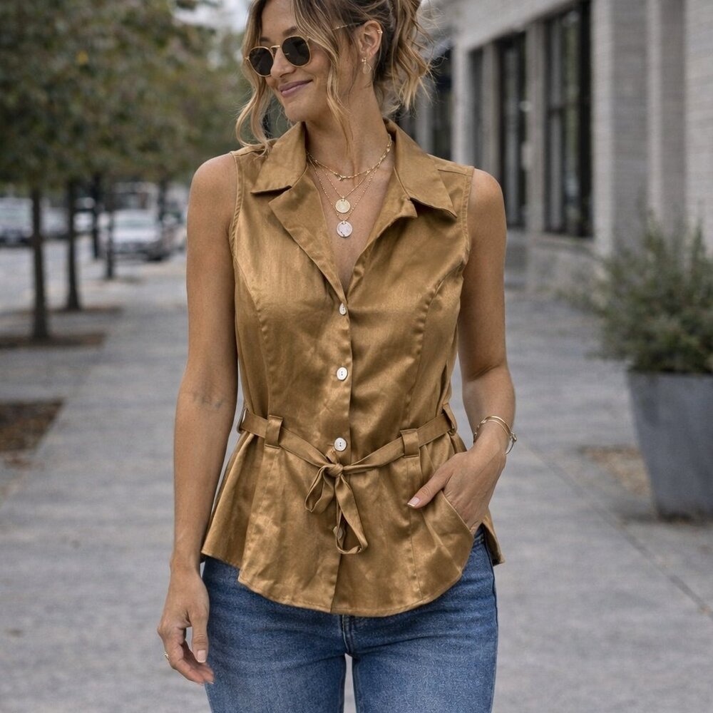Vintage 1990s Abria By D.P. Altomonte Gold Button Up Vest / Belted Chic